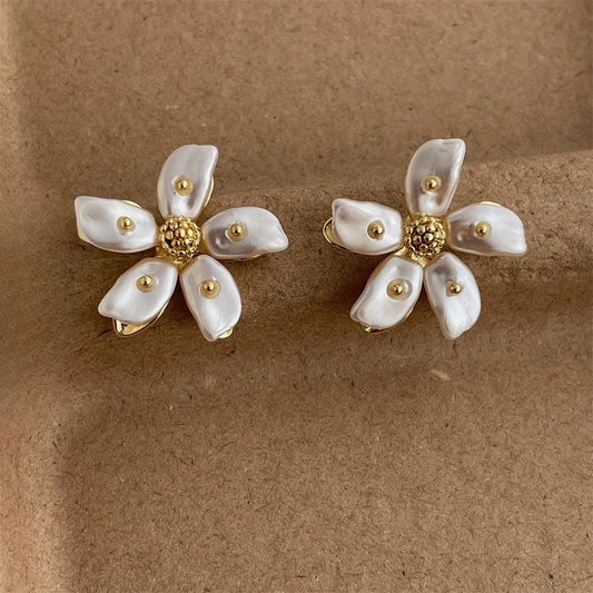 Gold Floral Delicate Pearl Petals Earrings-Ariette Jewelry