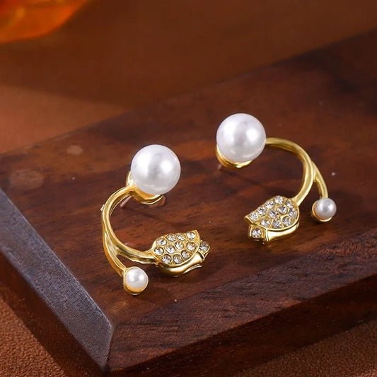 Vintage Gold Tulip Pearl Earrings-Ariette Jewelry