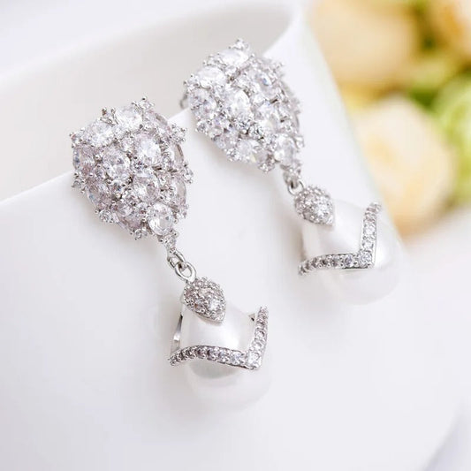 Vintage Sparkling Silver Pearl Earrings-Ariette Jewelry