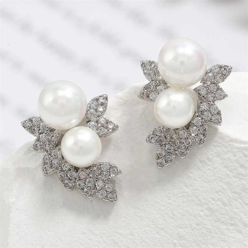 Silver Double Pearl & Crystal Leaf Earrings-Ariette Jewelry