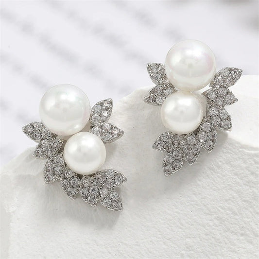 Silver Double Pearl & Crystal Leaf Earrings-Ariette Jewelry