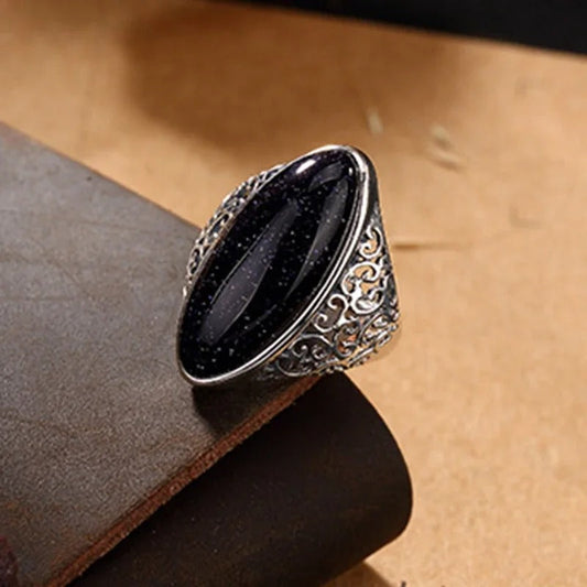 Vintage Silver Midnight Oval Stone Ring-Ariette Jewelry