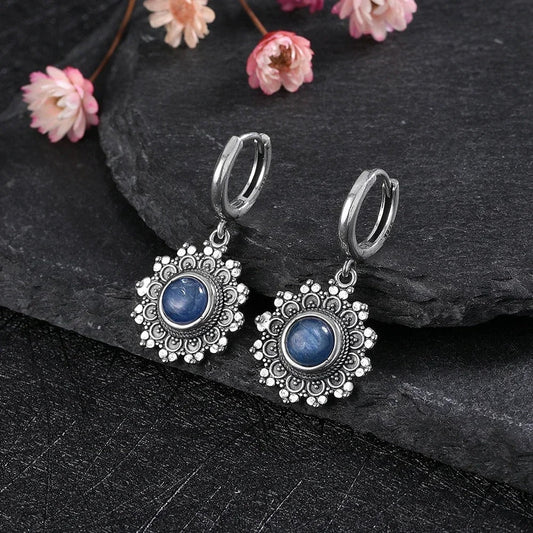Vintage Floral Blue Drop Earrings-Ariette Jewelry