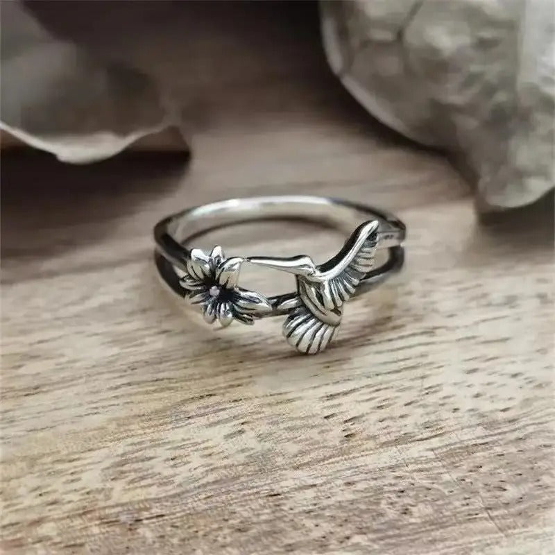 Vintage Hummingbird Flower Silver Ring-Ariette Jewelry