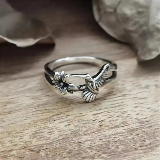 Vintage Hummingbird Flower Silver Ring-Ariette Jewelry