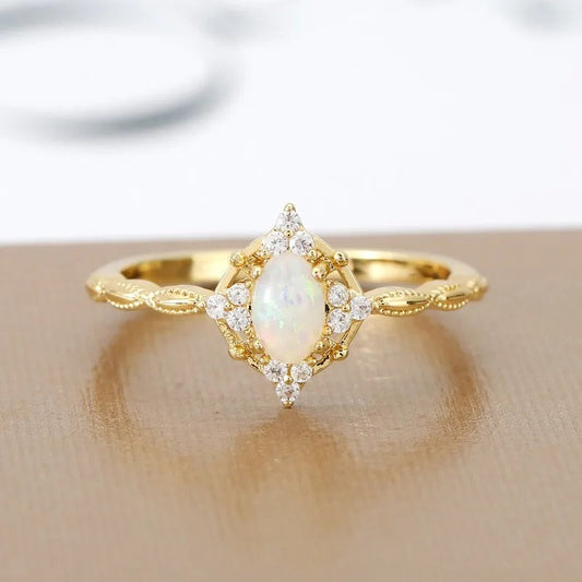 Vintage Opal Crystal Gold Adjustable Ring-Ariette Jewelry
