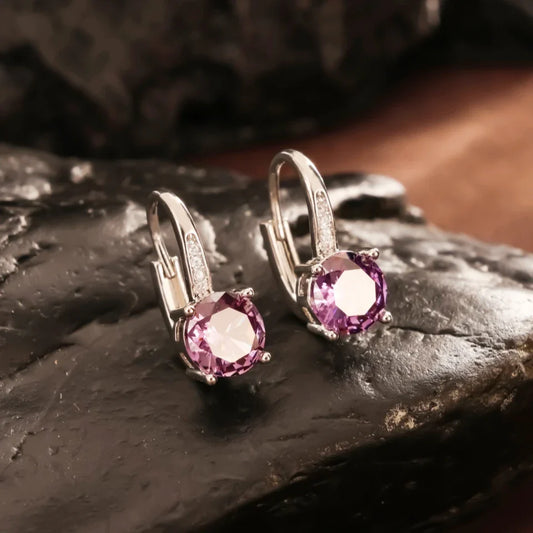 Silver Vintage Round Purple Earrings-Ariette Jewelry