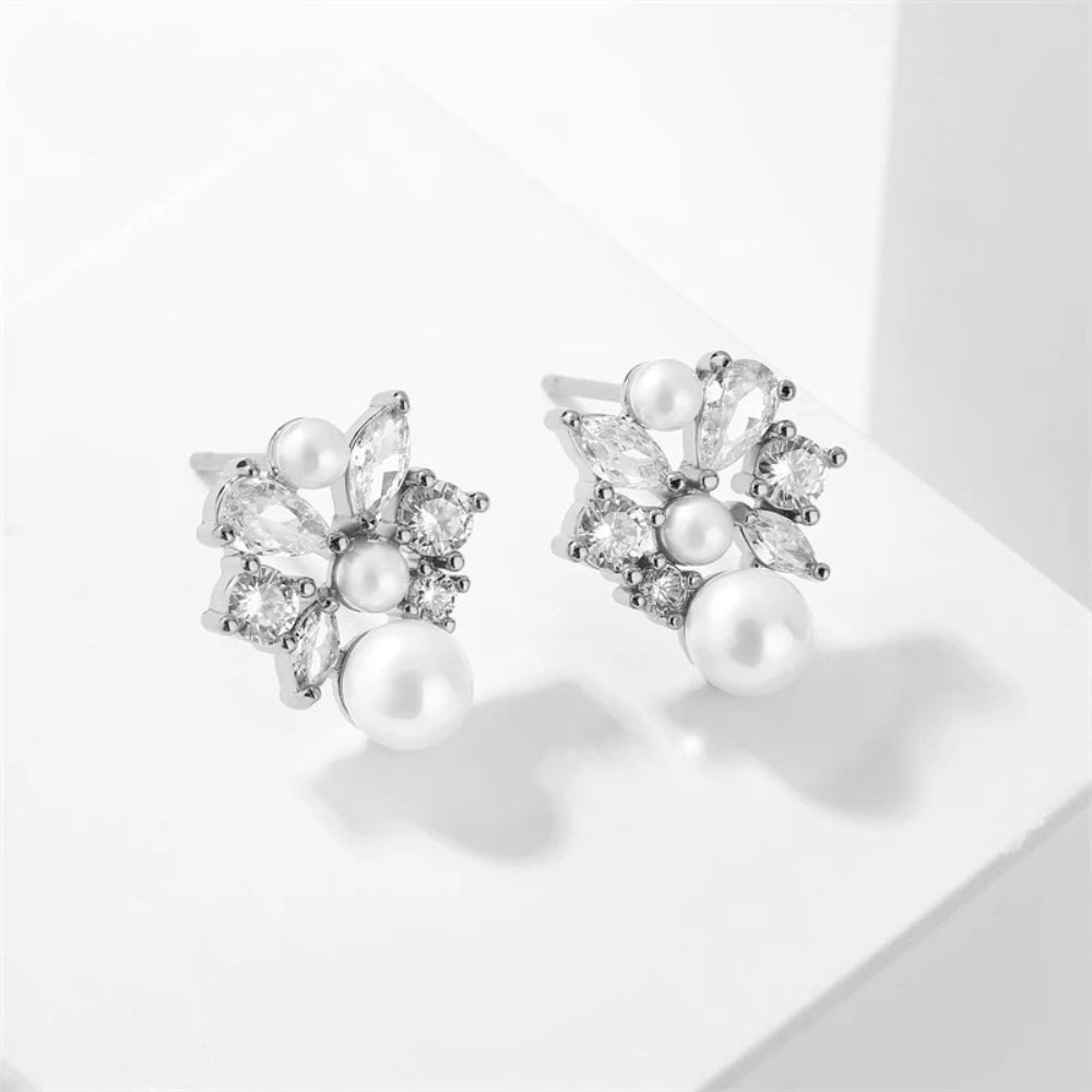 Silver Floral Pearl Stud Earrings-Ariette Jewelry