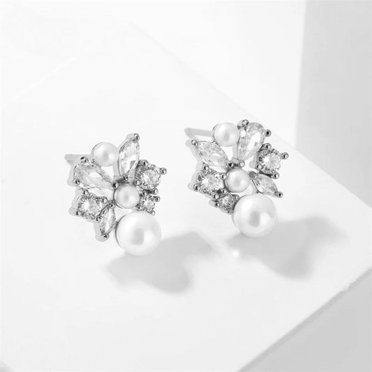 Silver Floral Pearl Stud Earrings-Ariette Jewelry