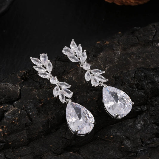 Silver Vintage Crystal Leaf Drop Earrings-Ariette Jewelry