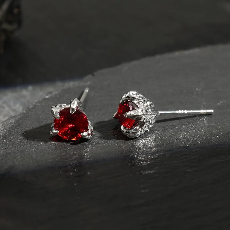 Vintage Silver Red Claw Stud Earrings-Ariette Jewelry