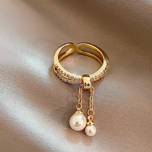 Vintage Pearl Tassel Gold Adjustable Ring-Ariette Jewelry