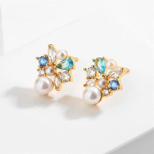 Vintage Pearl & Blue Crystal Earrings-Ariette Jewelry