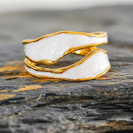 Gold White Enamel Swirl Pattern Open Ring-Ariette Jewelry