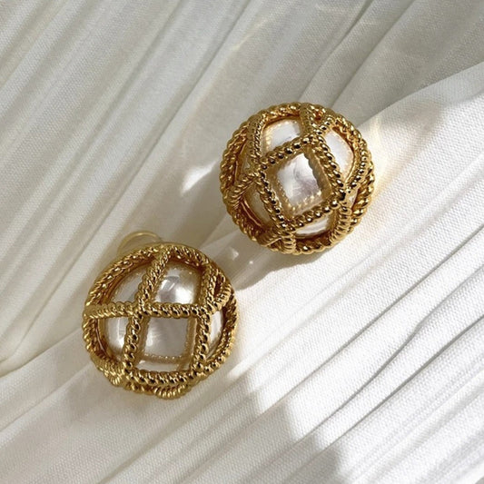 Vintage Gold Pearl Grid Earrings-Ariette Jewelry