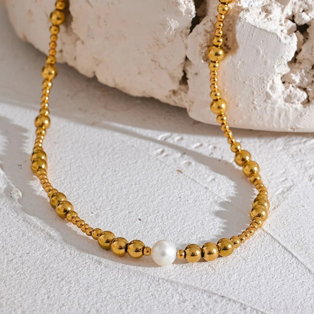 Gold Beaded Pearl Accent Necklace-Ariette Jewelry