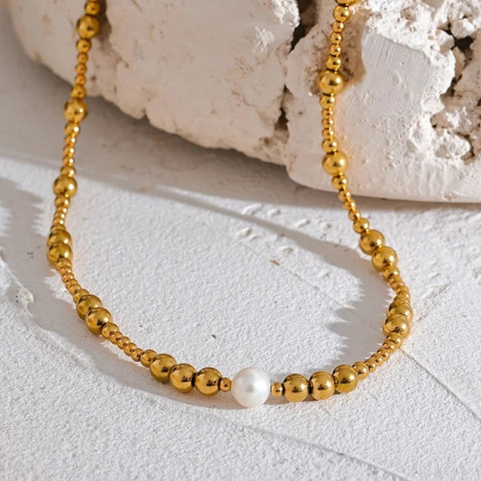 Gold Beaded Pearl Accent Necklace-Ariette Jewelry