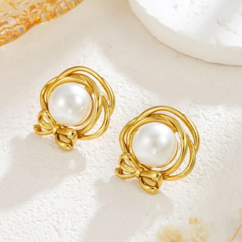 Vintage Pearl Bow Stud Earrings-Ariette Jewelry