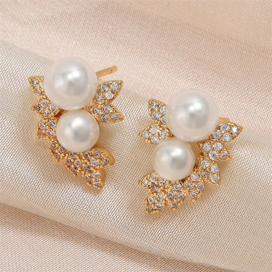 Vintage Pearl & Leaf Gold Stud Earrings-Ariette Jewelry