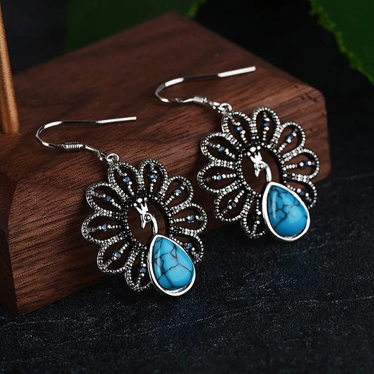 Vintage Silver Peacock Turquoise Earrings-Ariette Jewelry