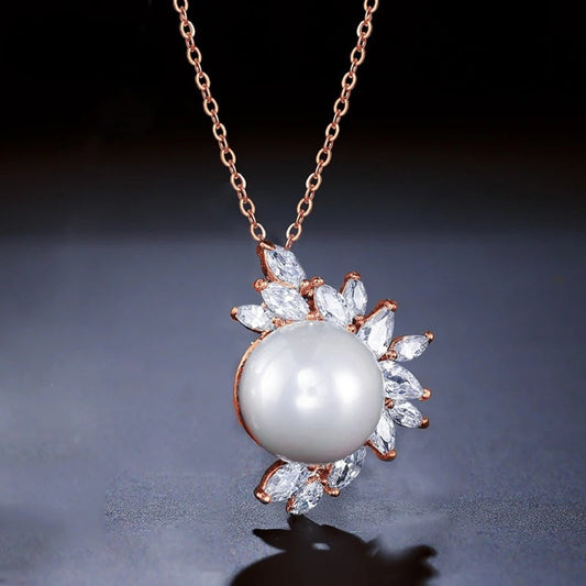 Rose Gold Pearl & Crystal Leaf Necklace-Ariette Jewelry