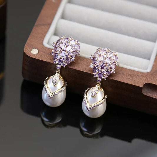 Vintage Purple Crystal & Pearl Drop Earrings-Ariette Jewelry
