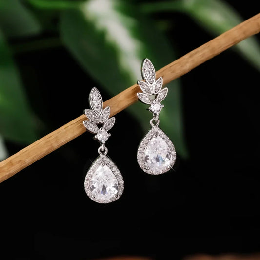 Silver Vintage Sparkle Leaf Earrings-Ariette Jewelry