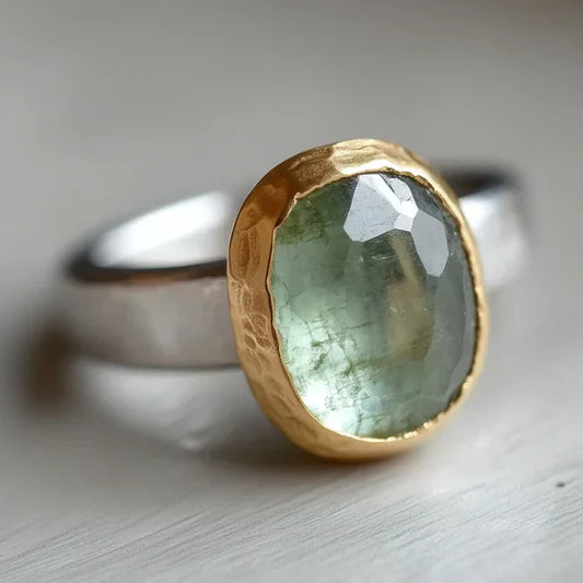 Vintage Green Stone Gold & Silver Forged Ring-Ariette Jewelry