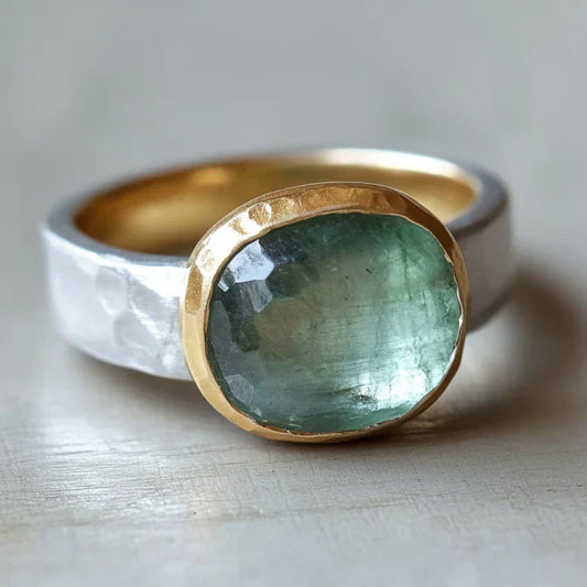 Vintage Green Glass Gold & Silver Forged Ring-Ariette Jewelry