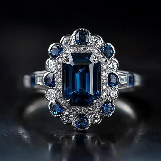 Vintage Blue Crystal Mandala Silver Ring-Ariette Jewelry
